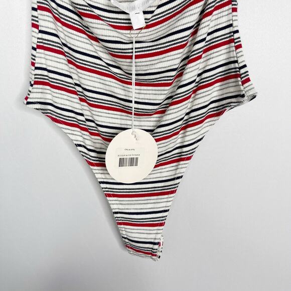 New Wild Honey M White Red Black Striped Halter Ribbed Low Back Bodysuit Cotton - Picture 7 of 11
